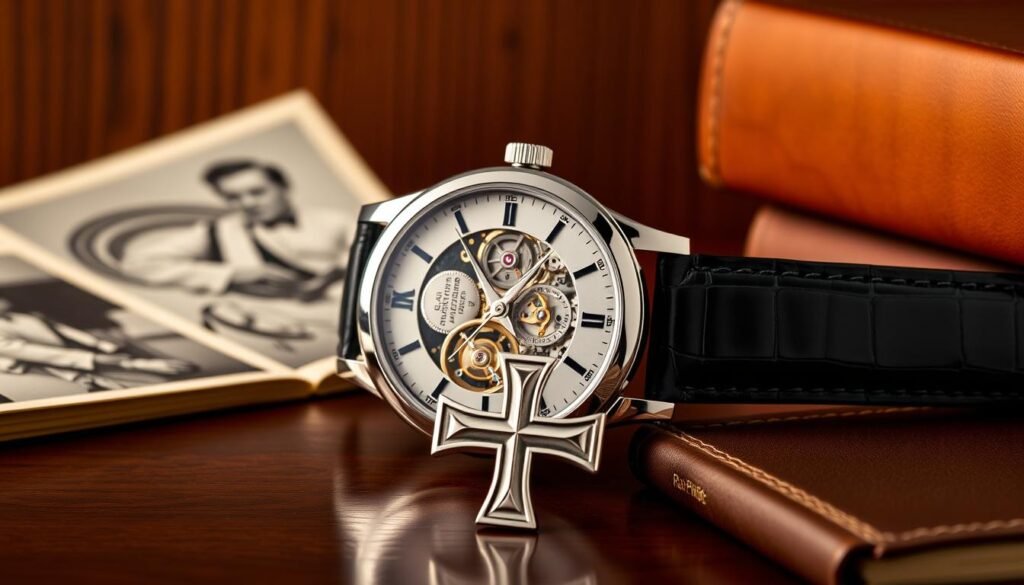 A meticulously crafted timepiece, a Patek Philippe watch rests against a backdrop of elegant mahogany, evoking the brand's rich heritage. The polished chrome and leather strap gleam under soft, warm lighting, highlighting the intricate mechanical workings visible through the sapphire crystal. In the foreground, the iconic Calatrava cross emblem stands as a symbol of the brand's unwavering commitment to precision and craftsmanship. Surrounding the watch, subtle nods to Patek Philippe's history, such as vintage photographs and a worn leather-bound tome, create a sense of timeless sophistication. This image captures the essence of the Patek Philippe legacy, a testament to the brand's enduring legacy as a pinnacle of horology. A meticulously crafted timepiece, a Patek Philippe watch rests against a backdrop of elegant mahogany, evoking the brand's rich heritage. The polished chrome and leather strap gleam under soft, warm lighting, highlighting the intricate mechanical workings visible through the sapphire crystal. In the foreground, the iconic Calatrava cross emblem stands as a symbol of the brand's unwavering commitment to precision and craftsmanship. Surrounding the watch, subtle nods to Patek Philippe's history, such as vintage photographs and a worn leather-bound tome, create a sense of timeless sophistication. This image captures the essence of the Patek Philippe legacy, a testament to the brand's enduring legacy as a pinnacle of horology.