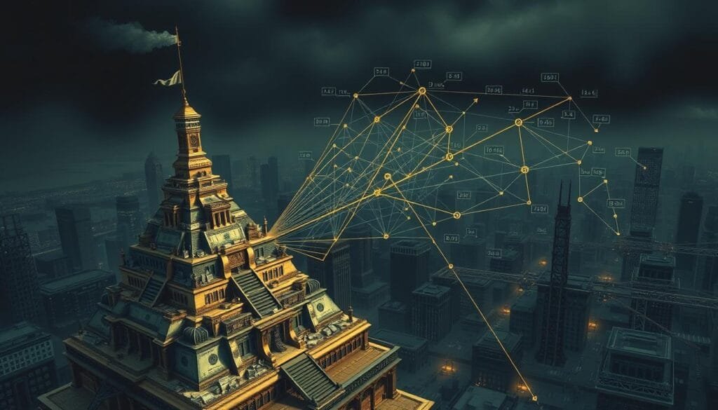 A meticulously detailed infographic depicting the intricate workings of a Ponzi scheme. In the foreground, a towering pyramid of financial instruments, with investors at the base supporting the entire structure. The middle ground showcases a web of complex transactions, arrows, and mathematical formulas, illustrating the illusory nature of the scheme. In the background, a dim, ominous cityscape serves as a somber backdrop, hinting at the far-reaching consequences of such financial deception. The overall lighting is a muted, industrial palette, conveying a sense of unease and the impending collapse of the Ponzi scheme. The angle is a bird's-eye view, allowing the viewer to grasp the full scope and complexity of this financial subterfuge.