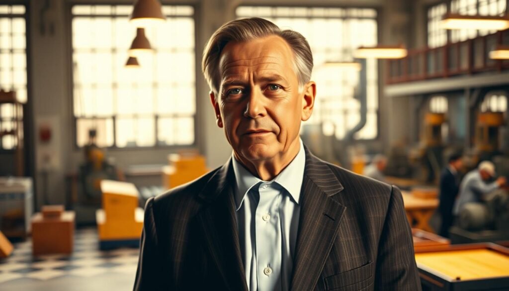 A middle-aged man, Milton Bradley, stands in a well-lit office, his face conveying a thoughtful expression. He is dressed in a crisp, tailored suit, representing the era of his company's prominent position in the toy industry. The background showcases the company's manufacturing facility, with machinery and workers visible through large windows, suggesting the scale and significance of the Milton Bradley Company during its heyday. Warm, directional lighting illuminates the scene, casting subtle shadows and highlighting the attention to detail in the subject's attire and the industrial setting. The overall tone conveys a sense of historical importance and the pivotal role played by Milton Bradley in the evolution of the toy industry. A middle-aged man, Milton Bradley, stands in a well-lit office, his face conveying a thoughtful expression. He is dressed in a crisp, tailored suit, representing the era of his company's prominent position in the toy industry. The background showcases the company's manufacturing facility, with machinery and workers visible through large windows, suggesting the scale and significance of the Milton Bradley Company during its heyday. Warm, directional lighting illuminates the scene, casting subtle shadows and highlighting the attention to detail in the subject's attire and the industrial setting. The overall tone conveys a sense of historical importance and the pivotal role played by Milton Bradley in the evolution of the toy industry.