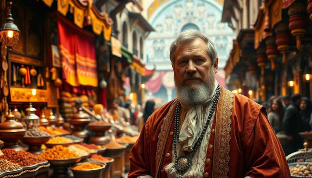 A middle-aged man in traditional Venetian merchant attire, Marco Polo, stands in a bustling 13th-century marketplace. The foreground features an array of colorful fabrics, spices, and exotic goods, while the background showcases the ornate architecture and lively crowds of a thriving trading hub. Warm, golden lighting casts a vibrant glow, capturing the energy and prosperity of this era. The scene evokes a sense of adventure, discovery, and the origins of paper currency as a convenient medium of exchange, crucial to the flourishing of global trade networks.