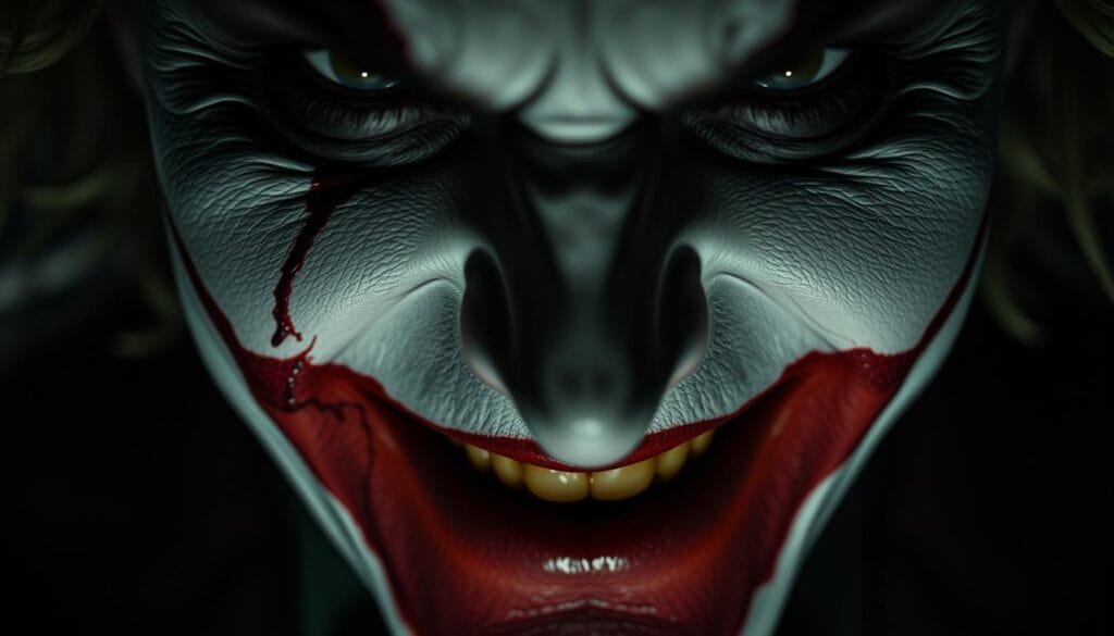A moody close-up of the infamous "Glasgow smile", a scar spreading across the face of the Joker. Dramatic lighting casts deep shadows, accentuating the jagged, twisted edges of the wound. The skin is pale and mottled, the corners of the mouth pulled back in a haunting, twisted grin. The eyes glint with a manic intensity, hinting at the darkness and madness within. The scene has a gritty, cinematic quality, like a frame from a neo-noir thriller. The focus is tight, isolating the scar as the central, mesmerizing element of the composition.