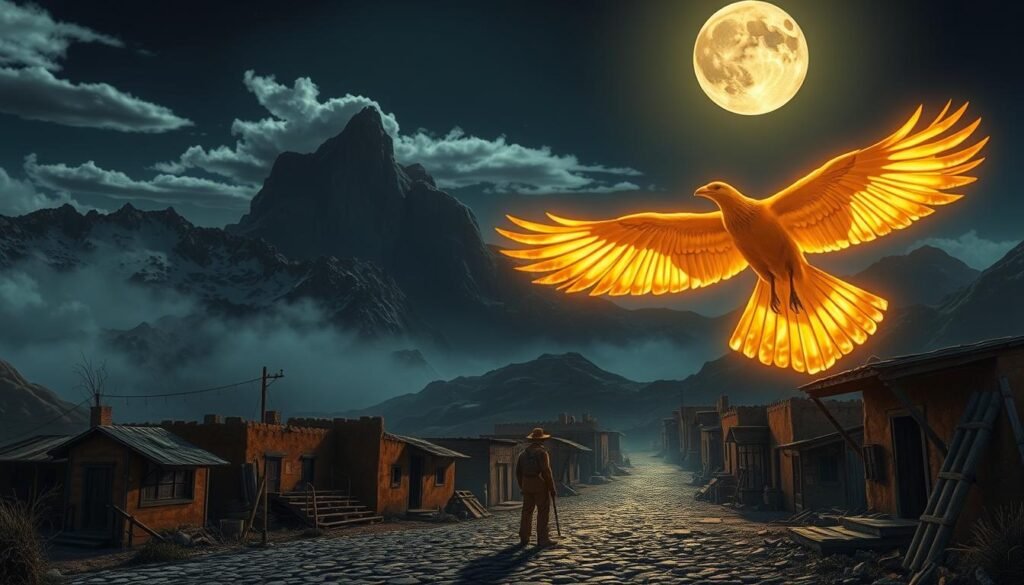 A moonlit night in the rugged northern landscapes, where the fabled Alicanto bird's ethereal glow illuminates the weathered mining town of Brillo Ave Norte. Towering mountains loom in the distance, their peaks brushed by wisps of cloud. The town's humble adobe buildings and winding cobblestone streets are cast in a soft, otherworldly light, hinting at the hidden treasures that lie beneath the surface. In the foreground, a lone miner pauses, transfixed by the Alicanto's dazzling display, its golden feathers shimmering like the precious ore it is said to consume. The scene evokes a sense of mysticism and the deep connection between the people, the land, and the legends that have guided their search for wealth and wonder in this rugged northern expanse.