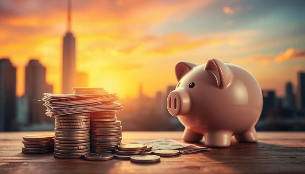 A neatly organized stack of coins, bills, and a piggy bank sit atop a wooden table, bathed in warm, golden light. In the background, a soft, blurred cityscape with skyscrapers and a vibrant sunset sky, symbolizing financial security and a sense of stability. The overall composition conveys a feeling of careful planning, responsible saving, and a well-curated personal finance strategy, reflecting the "Ahorro inteligente: construye tu fondo de emergencia y tus objetivos" section of the article. A neatly organized stack of coins, bills, and a piggy bank sit atop a wooden table, bathed in warm, golden light. In the background, a soft, blurred cityscape with skyscrapers and a vibrant sunset sky, symbolizing financial security and a sense of stability. The overall composition conveys a feeling of careful planning, responsible saving, and a well-curated personal finance strategy, reflecting the "Ahorro inteligente: construye tu fondo de emergencia y tus objetivos" section of the article.