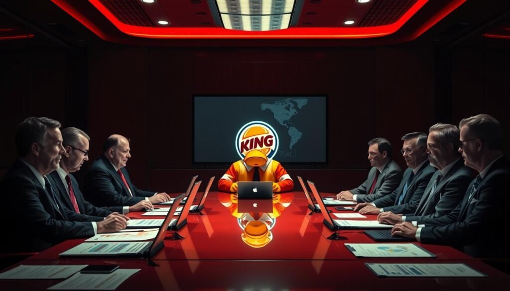 A neon-lit corporate boardroom, illuminated by the glow of laptops and financial reports. At the head of the table, the Burger King mascot sits solemnly, surrounded by a panel of well-suited executives from investment firms TPG, Bain, and Goldman Sachs. The room exudes an atmosphere of strategic planning and calculated decision-making, as they discuss the chain's upcoming public offering and restructuring efforts. The scene conveys a sense of high-stakes finance and the behind-the-scenes machinations that have shaped the iconic fast-food brand. Dramatic chiaroscuro lighting casts dramatic shadows, emphasizing the gravity of the situation.