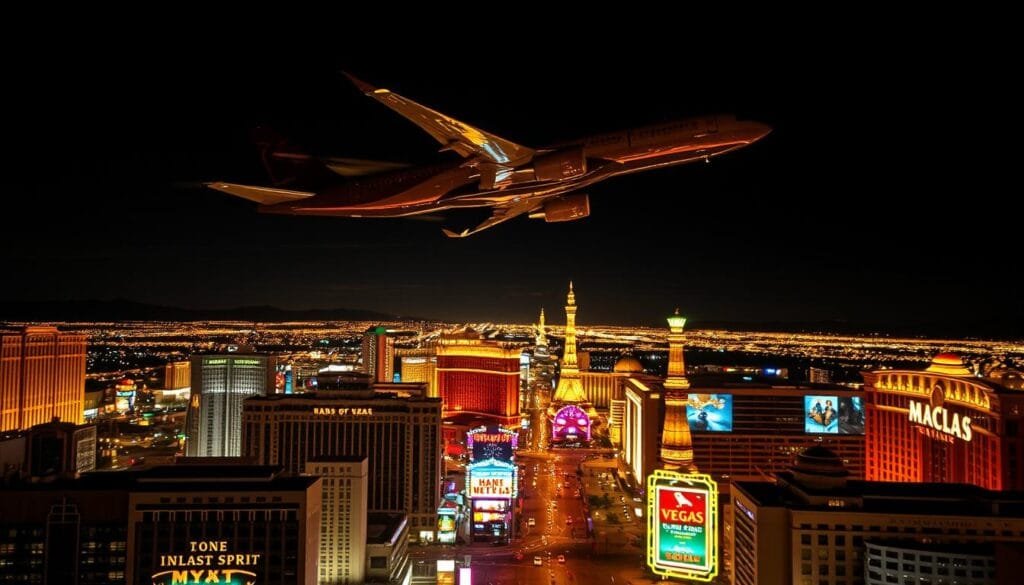 A night skyline over the glittering lights of Las Vegas, with a low-angle view of a sleek, modern commercial airliner banking gracefully overhead, its engines aglow. The plane's silhouette cuts a dramatic figure against the vibrant neon signs and towering hotel-casinos below. The scene is bathed in a warm, golden light, creating a sense of anticipation and opportunity. The image conveys a pivotal moment of transformation, where a fateful decision made on this legendary night would change the course of a company's destiny.