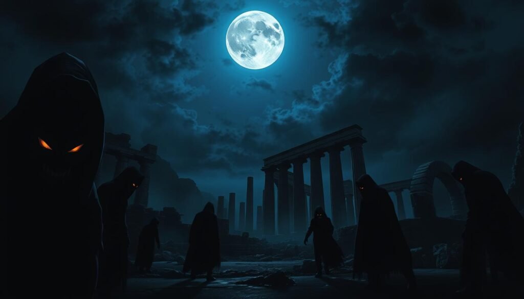 A nocturnal mythological scene unfolds: in the foreground, shadowy figures with glowing eyes and sharp fangs emerge from the darkness, their sinister presence casting an ominous atmosphere. In the middle ground, ancient ruins and crumbling columns stand as silent witnesses to the arcane rituals unfolding. The background is shrouded in a moody, indigo-hued night sky, with a full moon casting an eerie glow over the entire tableau. Dramatic chiaroscuro lighting heightens the sense of mystery and foreboding, as if this nighttime vision is a portal to a realm of primal, supernatural forces. Capture this primordial, pre-Dracula European vampire mythos in a cinematic, gothic-inspired illustration.