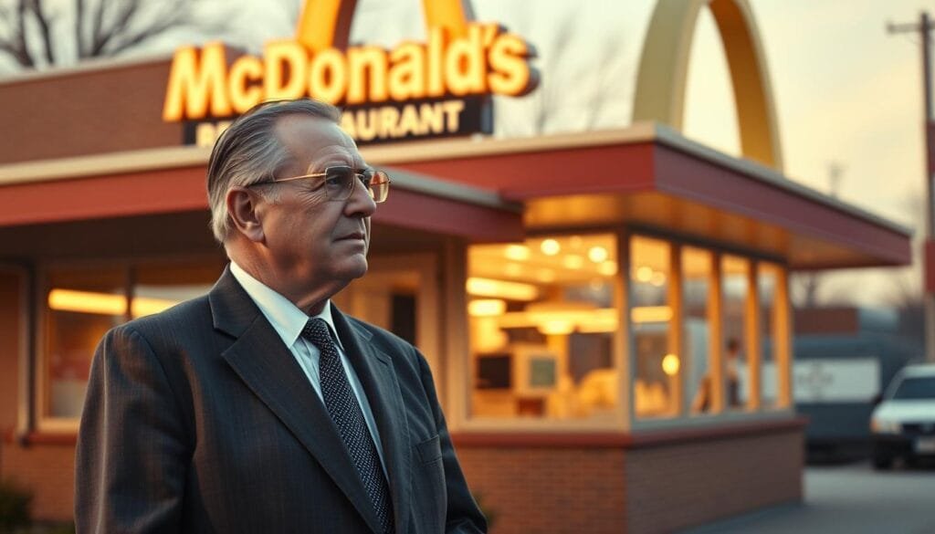 A photograph of Ray Kroc, the iconic entrepreneur, standing outside the original McDonald's restaurant in Des Plaines, Illinois. Kroc is dressed in a sharp suit, radiating confidence and ambition as he gazes thoughtfully at the modest building, the birthplace of his revolutionary franchise model. The image captures the pivotal moment when Kroc recognized the potential of the McDonald brothers' innovative fast-food system, setting the stage for his transformation of the industry. The scene is illuminated by warm, golden light, creating a sense of nostalgia and the dawning of a new era. The background is softly blurred, keeping the focus on Kroc and the historical significance of this location.