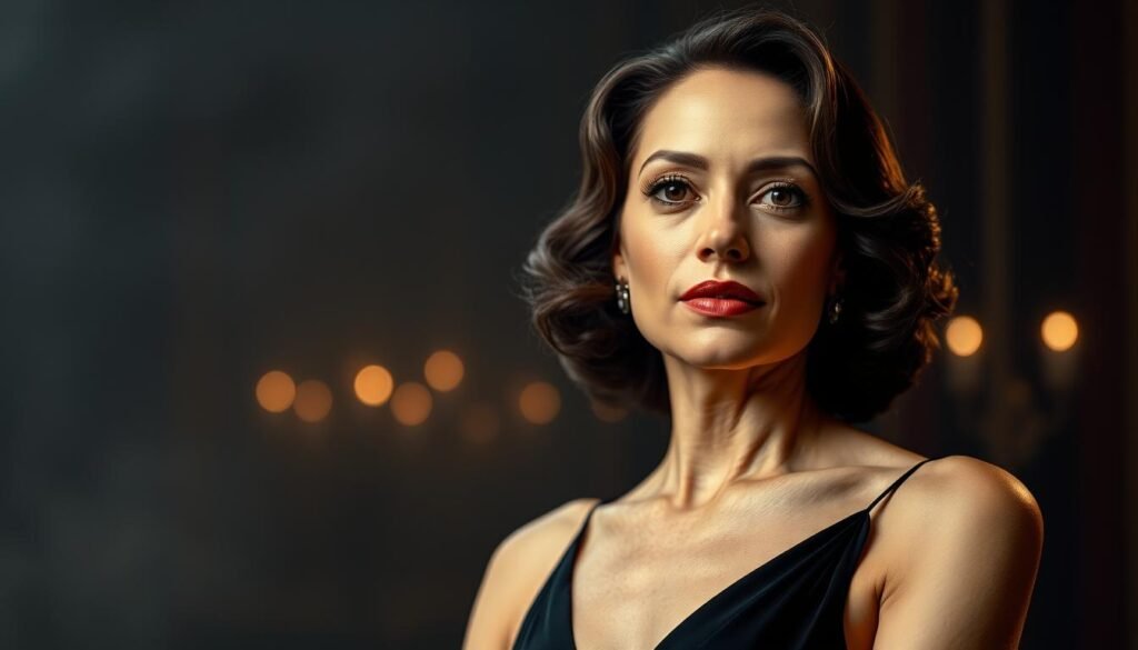 A portrait of Jeanne Toussaint, the legendary Cartier designer known as "La Panthère". She stands confidently, her gaze captivating and her expression radiating a spirit of freedom. Soft, dramatic lighting highlights the elegant lines of her face and the sleek, feline grace of her posture. The background is a hazy, dreamlike setting, evoking the glamour and mystique of the Art Deco era. Toussaint's iconic Cartier panther motif is subtly present, a symbol of her bold, visionary design aesthetic. The overall atmosphere conveys a sense of timeless sophistication and the power of artful, visionary design.