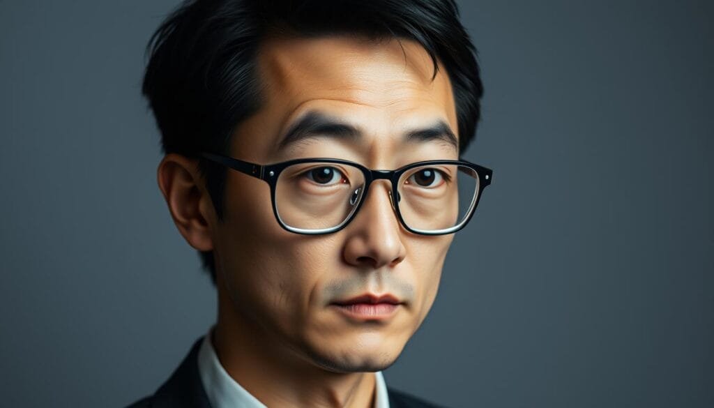 A portrait of Ken Sugimori, the renowned Pokémon character designer, set against a subtle, muted background. Sugimori's face is framed in a tight, focused shot, his expression pensive and contemplative. Soft, diffused lighting from the side casts gentle shadows, highlighting the planes of his face and his distinctive features - angular jaw, thick-rimmed glasses, and neatly styled dark hair. The mood is one of quiet professionalism and creative focus, befitting the influential role Sugimori has played in shaping the iconic Pokémon franchise from its inception.