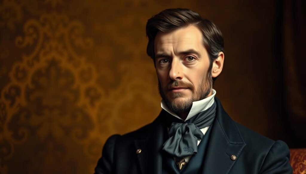 A portrait of Louis-François Cartier, the renowned Parisian jeweler and founder of the Cartier brand. Set against a warm, richly-textured background, the image depicts Cartier in the prime of his life, dressed in an elegant frock coat and cravat. His gaze is direct and commanding, reflecting the confidence and vision that propelled him from a modest workshop to the heights of the jewelry world. The lighting is soft and flattering, casting subtle shadows that accentuate his refined features. The composition is balanced and harmonious, drawing the viewer's attention to Cartier's discerning expression and the ornate details of his attire. This portrait captures the essence of a man who transformed the art of luxury timepieces and jewelry, leaving an indelible mark on the industry.