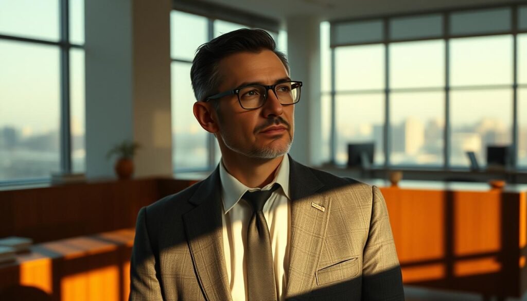 A portrait of Miguel Estay Reyno, the marketing manager who oversaw the introduction of white Fanta in Chile. Set against a mid-century office interior, Estay Reyno stands in a tailored suit, thoughtful expression on his face as he contemplates the history of the brand. Soft lighting from a large window illuminates his features, casting dramatic shadows that add depth and dimension. The scene conveys a sense of professionalism, innovation, and the pivotal role Estay Reyno played in the curious story of Fanta's unique journey in Chile.