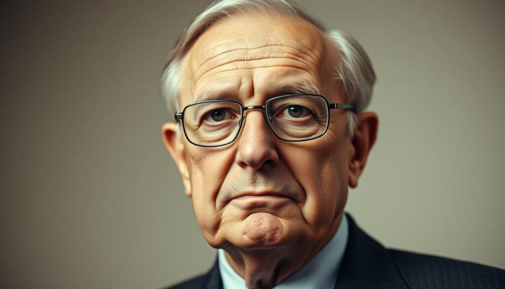 A portrait of Milton Friedman, the prominent American economist known for his advocacy of free-market capitalism and "helicopter money" policies. Set against a neutral, muted background, the image captures Friedman's serious yet intellectual expression, with his piercing gaze and distinguished features. Lighting is soft and directional, accentuating the planes of his face and creating a sense of depth. The composition is tightly framed, focusing the viewer's attention on Friedman's commanding presence. The overall tone is one of authority and gravitas, befitting the influential role Friedman played in shaping economic thought.