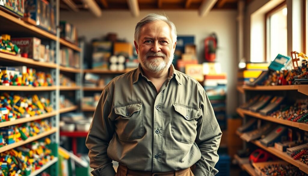 A portrait of Ole Kirk, the founder of Lego, standing confidently in a bright, airy workshop filled with the iconic bricks that made his company a global success. He is dressed in a well-worn, durable work shirt and trousers, his weathered face exuding a sense of determination and innovation. In the background, shelves brimming with Lego sets and prototypes hint at the company's humble beginnings and the tireless efforts that led to its eventual rise from the brink of bankruptcy. Warm, natural lighting casts a nostalgic glow, evoking the spirit of Lego's enduring legacy as a beloved toy brand and symbol of creativity. A portrait of Ole Kirk, the founder of Lego, standing confidently in a bright, airy workshop filled with the iconic bricks that made his company a global success. He is dressed in a well-worn, durable work shirt and trousers, his weathered face exuding a sense of determination and innovation. In the background, shelves brimming with Lego sets and prototypes hint at the company's humble beginnings and the tireless efforts that led to its eventual rise from the brink of bankruptcy. Warm, natural lighting casts a nostalgic glow, evoking the spirit of Lego's enduring legacy as a beloved toy brand and symbol of creativity.