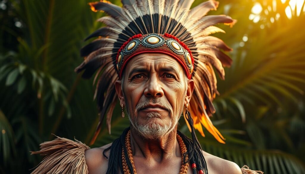 A portrait of a noble indigenous leader, a cacique, standing tall and proud against a backdrop of lush, verdant foliage. The cacique's face is weathered, his expression a mix of wisdom and authority, his headdress adorned with intricate feathers that flutter gently in a soft breeze. The scene is bathed in warm, golden light, casting a serene and regal atmosphere, evoking the rich cultural heritage and the indigenous roots of the Malloa region. The camera angle is slightly elevated, lending a sense of gravitas and importance to the central figure, who commands the viewer's attention with a powerful yet dignified presence.