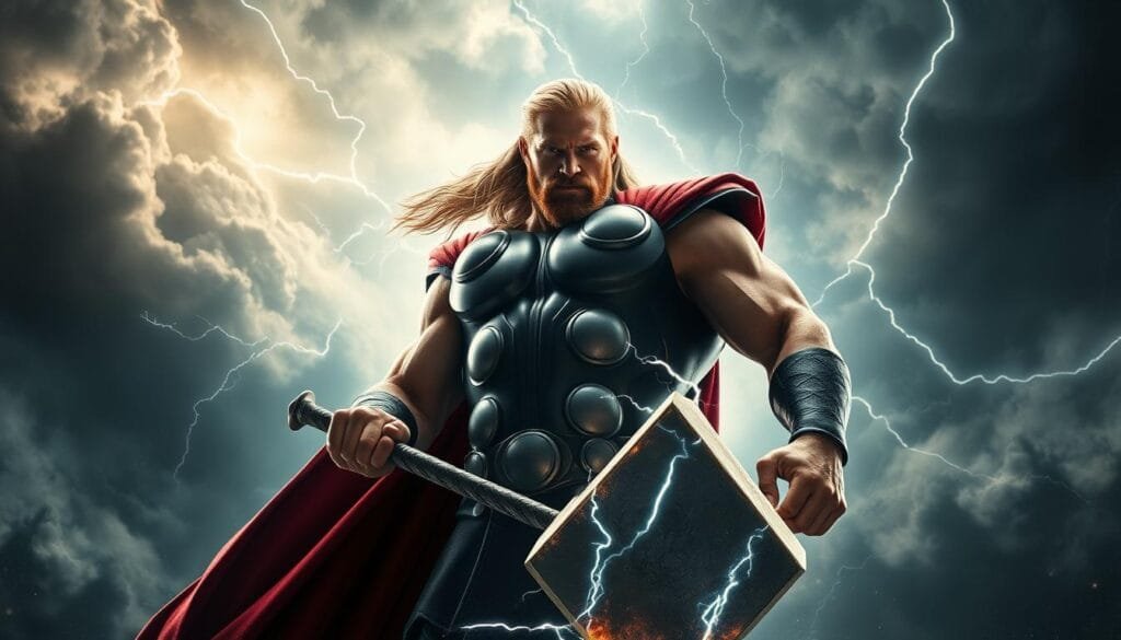 A powerful Thor stands tall, his muscular frame radiating godly might. The Norse deity's piercing gaze is fixed, his grip tightening around Mjolnir, the legendary hammer that crackles with electric energy. The background is shrouded in a dramatic, stormy atmosphere, with swirling clouds and flashes of lightning illuminating the scene. Thor's cape billows dramatically, adding to the sense of grandeur and authority. The lighting is cinematic, casting dramatic shadows and highlights that accentuate the hero's rugged features and heroic pose. The overall impression is one of awe-inspiring strength and the ability to overcome even the mightiest of foes, capturing the essence of Thor's immense power as depicted in the comics. A powerful Thor stands tall, his muscular frame radiating godly might. The Norse deity's piercing gaze is fixed, his grip tightening around Mjolnir, the legendary hammer that crackles with electric energy. The background is shrouded in a dramatic, stormy atmosphere, with swirling clouds and flashes of lightning illuminating the scene. Thor's cape billows dramatically, adding to the sense of grandeur and authority. The lighting is cinematic, casting dramatic shadows and highlights that accentuate the hero's rugged features and heroic pose. The overall impression is one of awe-inspiring strength and the ability to overcome even the mightiest of foes, capturing the essence of Thor's immense power as depicted in the comics.