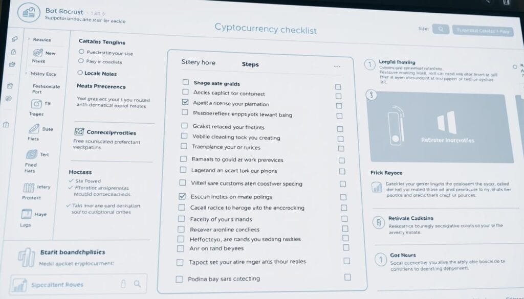 A practical cryptocurrency checklist shown as a detailed digital interface, with clear sections and icons for each step. The interface is presented in a clean, minimalist style with a neutral color palette, emphasizing functionality and clarity. The foreground features various interactive UI elements like checkboxes, dropdown menus, and info tooltips. The middle ground showcases a central checklist with concise, actionable items. The background depicts a subtle gradient or texture, creating a sense of depth and professionalism. Soft, even lighting from multiple angles highlights the digital components, while a slightly low camera angle conveys a sense of authority and importance.
