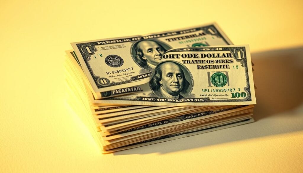 A pristine stack of crisp, freshly printed US dollar bills, illuminated by warm, diffused lighting, casting subtle shadows across the detailed engraved patterns and intricate portraits. The bills are presented against a clean, minimalist background, emphasizing their iconic status and historical significance. The composition highlights the tactile quality of the paper, the distinct green and white hues, and the subtle security features that have evolved over time, capturing the essence of the dollar's origin, evolution, and enduring global influence.