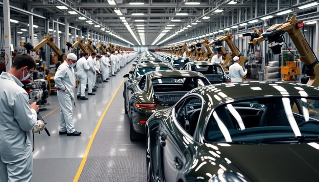 A production line of gleaming Porsche 911 sports cars, their iconic silhouettes moving smoothly along the assembly process. In the foreground, technicians in crisp white uniforms meticulously inspect each chassis, ensuring precision and quality. The mid-ground features a series of robotic arms wielding tools, efficiently installing engines, transmissions, and other components. The background showcases a sprawling factory floor, filled with the hum of machinery and the glow of strategic lighting. The scene conveys a sense of industrious focus, as Porsche transitions from a small provider of engineering services to a globally renowned automotive brand.