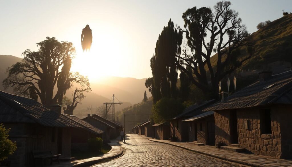 A quaint, rural village nestled in the lush, rolling hills of the Chilean countryside, "Chonchón Pueblo" stands as a testament to the region's rich cultural heritage. The thatched-roof cottages and cobblestone streets evoke a timeless, rustic charm, while the towering, ancient trees cast long shadows across the landscape, lending an air of mystery and foreboding. In the distance, the silhouette of a lone, ominous figure – the legendary "Chonchón" – hovers overhead, its ghostly presence a constant reminder of the supernatural forces that are said to haunt this remote, isolated community. The scene is illuminated by the warm, golden glow of a setting sun, casting a dreamlike, almost otherworldly quality over the entire tableau. A quaint, rural village nestled in the lush, rolling hills of the Chilean countryside, "Chonchón Pueblo" stands as a testament to the region's rich cultural heritage. The thatched-roof cottages and cobblestone streets evoke a timeless, rustic charm, while the towering, ancient trees cast long shadows across the landscape, lending an air of mystery and foreboding. In the distance, the silhouette of a lone, ominous figure – the legendary "Chonchón" – hovers overhead, its ghostly presence a constant reminder of the supernatural forces that are said to haunt this remote, isolated community. The scene is illuminated by the warm, golden glow of a setting sun, casting a dreamlike, almost otherworldly quality over the entire tableau.