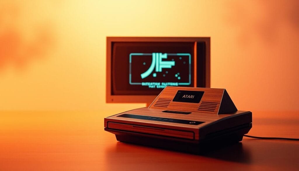 A retro gaming console, the Atari VCS, stands prominently in the foreground, its sleek, angular design and iconic wood-paneled exterior capturing the essence of the early digital era. The console is bathed in warm, incandescent lighting, casting a nostalgic glow across the scene. In the middle ground, a minimalist, modern display showcases the console's crisp, pixelated graphics, hinting at the technological advancements that would eventually lead to its downfall. The background fades into a hazy, dreamlike atmosphere, suggesting the bittersweet memories and the lasting impact of this pioneering gaming platform. A retro gaming console, the Atari VCS, stands prominently in the foreground, its sleek, angular design and iconic wood-paneled exterior capturing the essence of the early digital era. The console is bathed in warm, incandescent lighting, casting a nostalgic glow across the scene. In the middle ground, a minimalist, modern display showcases the console's crisp, pixelated graphics, hinting at the technological advancements that would eventually lead to its downfall. The background fades into a hazy, dreamlike atmosphere, suggesting the bittersweet memories and the lasting impact of this pioneering gaming platform.