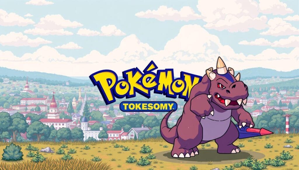 A retro-inspired landscape showcasing the iconic Pokémon Red video game cover art. In the foreground, the legendary Pokémon Rhydon stands majestically, its powerful horn and sturdy frame dominating the scene. The middle ground features the classic Pokémon logo and title treatment, rendered in a classic 8-bit pixel art style that evokes the original Game Boy aesthetic. In the background, a detailed pixelated cityscape stretches out, with buildings, trees, and other environmental elements that capture the essence of the Kanto region from the first generation of Pokémon games. The overall image has a warm, nostalgic color palette and a sense of depth and dimensionality, reflecting the groundbreaking nature of the original Red and Blue versions that introduced the world to the Pokémon franchise.