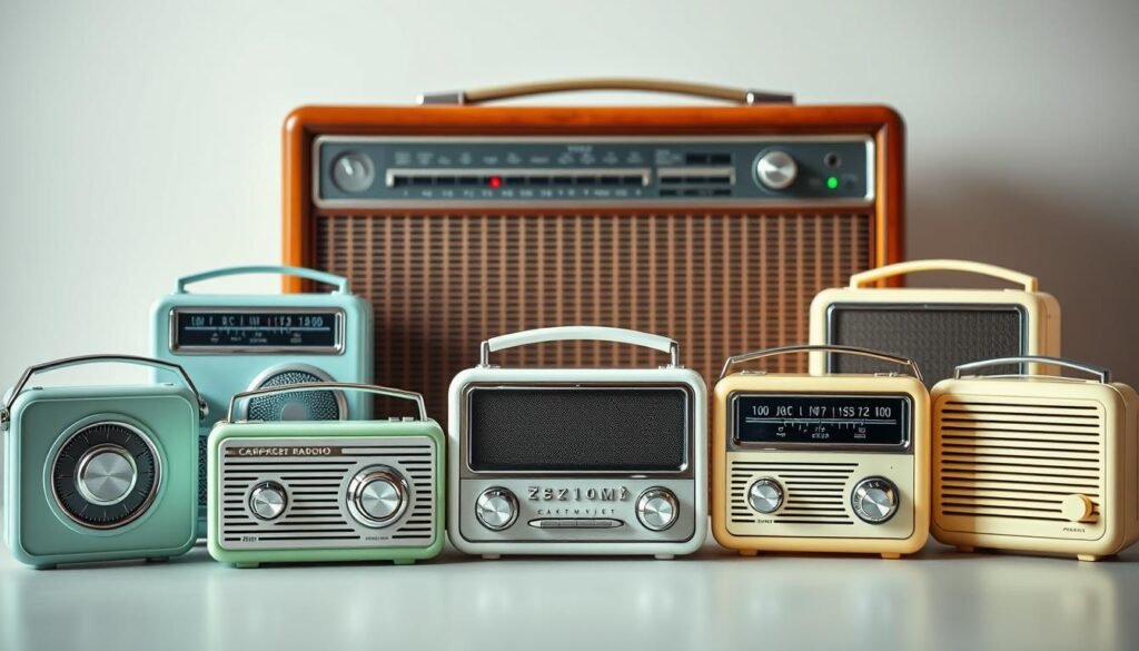 A retro-styled still life arrangement showcasing an assortment of classic transistor radios from the 1950s and 1960s. The foreground features several sleek, compact radios in a variety of pastel hues - mint green, powder blue, and buttery yellow - with clean lines, chrome accents, and analog tuning dials. In the middle ground, a larger, wood-paneled console radio sits prominently, its warm, vintage aesthetic contrasting with the modern forms in front. The background is softly blurred, hinting at a neutral, minimalist setting to allow the radios to take center stage. Lighting is soft and diffused, emphasizing the tactile textures and rich colors of the iconic electronics. The overall composition evokes the golden era of transistor technology and the birth of portable, personal music listening.
