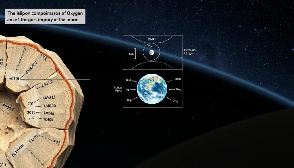 A scientific illustration depicting the isotopic composition of oxygen and titanium, showcasing evidence that supports the Giant Impact theory of the Moon's formation. In the foreground, a detailed cross-section of a rock sample, with labeled elemental ratios and isotopic signatures. In the middle ground, a schematic diagram of the Earth-Moon system, highlighting the unique geochemical similarities between the two bodies. The background features a starry night sky, conveying the cosmic scale of this planetary collision event. Rendered with a realistic, high-resolution style and subtle lighting to emphasize the technical nature of the scientific data.