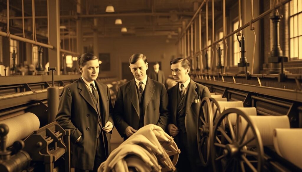 A sepia-toned photograph of the Hassenfeld brothers, the founders of Hasbro, standing in a textile mill in Providence, Rhode Island in the early 20th century. The brothers are dressed in suits and ties, gazing intently at bolts of fabric and spools of thread, surrounded by antique looms and spinning wheels. Soft, warm lighting illuminates the scene, casting long shadows and highlighting the textures of the industrial setting. The image conveys a sense of the brothers' humble beginnings in the textile trade, before they would go on to revolutionize the toy industry with iconic brands like Mr. Potato Head and G.I. Joe. A sepia-toned photograph of the Hassenfeld brothers, the founders of Hasbro, standing in a textile mill in Providence, Rhode Island in the early 20th century. The brothers are dressed in suits and ties, gazing intently at bolts of fabric and spools of thread, surrounded by antique looms and spinning wheels. Soft, warm lighting illuminates the scene, casting long shadows and highlighting the textures of the industrial setting. The image conveys a sense of the brothers' humble beginnings in the textile trade, before they would go on to revolutionize the toy industry with iconic brands like Mr. Potato Head and G.I. Joe.