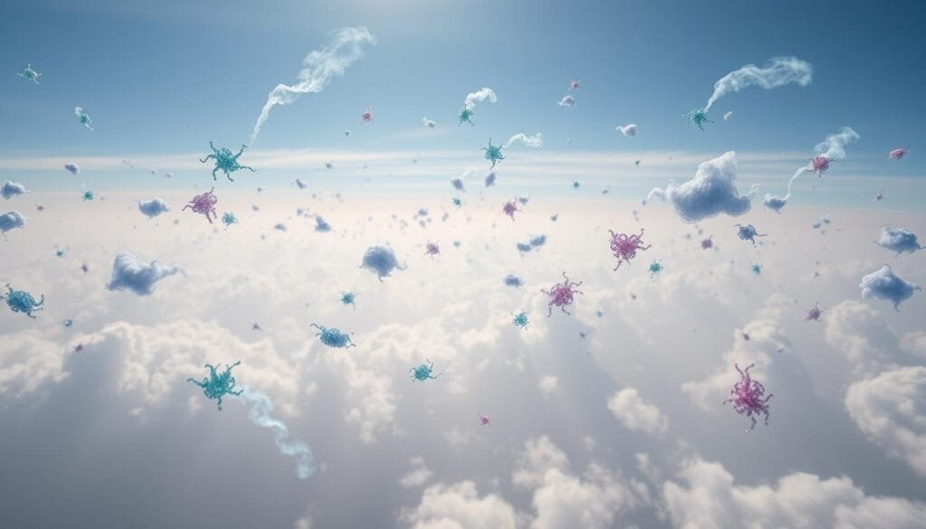 A serene aerial vista showcasing a diverse tapestry of microbiome clouds drifting effortlessly through the atmosphere. Wispy, translucent forms in shades of blue, green, and violet hover in a soft, diffused light, hinting at the invisible world of microbial life that permeates the skies. The foreground features a captivating close-up of these airborne microcosms, their intricate structures and vibrant hues captured in striking detail through a wide-angle lens. In the middle ground, the clouds disperse and blend into the hazy, ethereal backdrop, suggesting the vast scale and interconnectedness of this unseen biosphere. The overall mood is one of wonder and scientific curiosity, inviting the viewer to contemplate the hidden vitality of the aerobiome. A serene aerial vista showcasing a diverse tapestry of microbiome clouds drifting effortlessly through the atmosphere. Wispy, translucent forms in shades of blue, green, and violet hover in a soft, diffused light, hinting at the invisible world of microbial life that permeates the skies. The foreground features a captivating close-up of these airborne microcosms, their intricate structures and vibrant hues captured in striking detail through a wide-angle lens. In the middle ground, the clouds disperse and blend into the hazy, ethereal backdrop, suggesting the vast scale and interconnectedness of this unseen biosphere. The overall mood is one of wonder and scientific curiosity, inviting the viewer to contemplate the hidden vitality of the aerobiome.