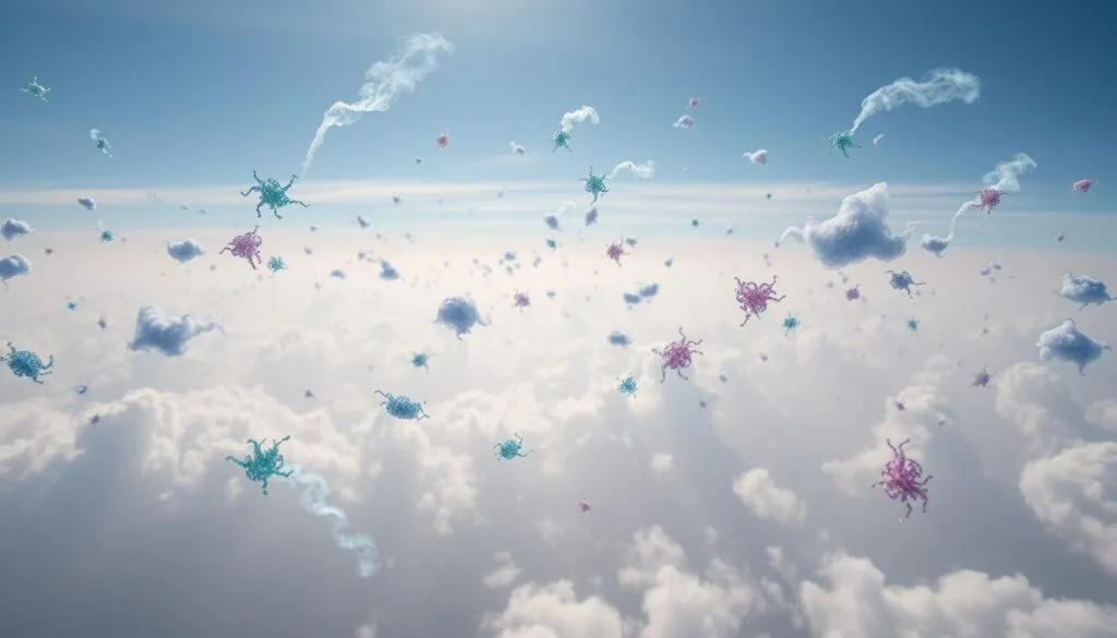 A serene aerial vista showcasing a diverse tapestry of microbiome clouds drifting effortlessly through the atmosphere. Wispy, translucent forms in shades of blue, green, and violet hover in a soft, diffused light, hinting at the invisible world of microbial life that permeates the skies. The foreground features a captivating close-up of these airborne microcosms, their intricate structures and vibrant hues captured in striking detail through a wide-angle lens. In the middle ground, the clouds disperse and blend into the hazy, ethereal backdrop, suggesting the vast scale and interconnectedness of this unseen biosphere. The overall mood is one of wonder and scientific curiosity, inviting the viewer to contemplate the hidden vitality of the aerobiome.
