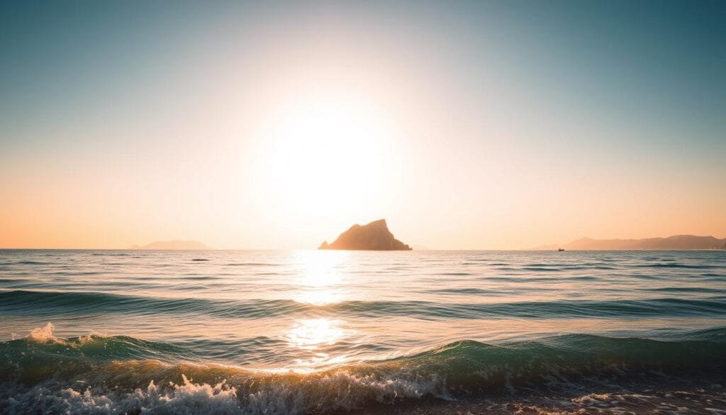 A serene, expansive seascape bathed in golden hour light. In the foreground, gently rolling waves caress the shoreline, their crests glistening with aquamarine hues. The middle ground features a picturesque rocky outcrop, its jagged silhouette mirrored in the still waters. In the distance, the horizon is punctuated by the silhouettes of distant islands, their forms softened by a hazy atmosphere. The sky is a sublime gradient, transitioning from vibrant azure to warm, diffused amber tones. Captured with a wide-angle lens to emphasize the sweeping, panoramic vista, this image evokes a profound sense of tranquility and the sublime beauty of the natural world.