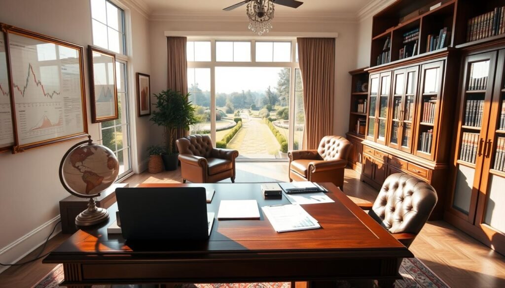 A serene home office overlooking a tranquil garden, sunlight streaming through large windows. In the foreground, an elegant wooden desk with a laptop, papers, and a decorative globe. On the walls, framed financial charts and graphs, conveying a sense of personal wealth and investment savvy. The middle ground features plush leather armchairs and a bookshelf filled with finance-related volumes. In the background, a lush, manicured landscape with a winding path and a glimpse of a luxurious mansion, hinting at the subject's privileged lifestyle and financial success. The overall atmosphere is one of sophistication, comfort, and strategic financial management.