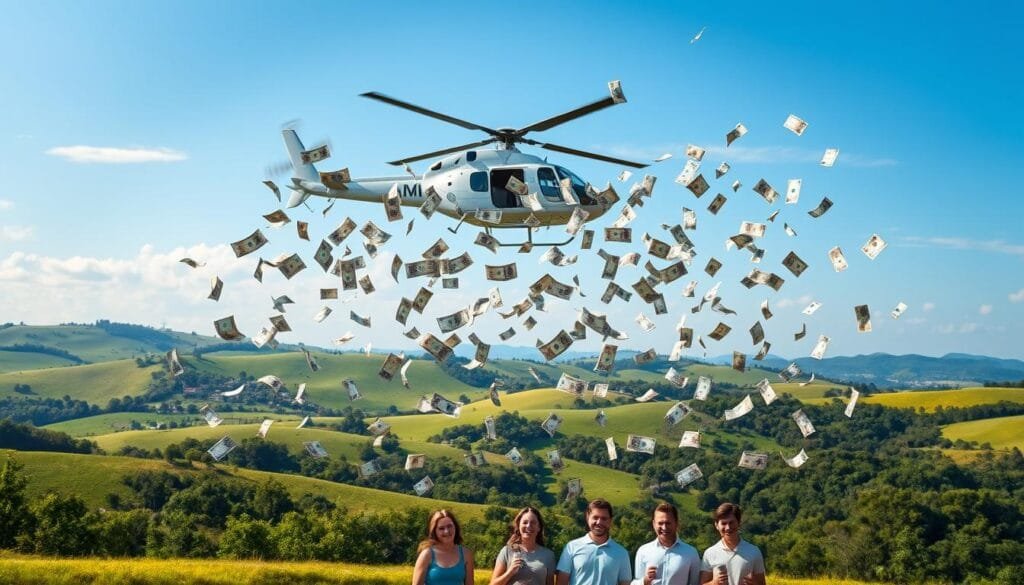 A serene, idyllic scene of a lush, verdant landscape with rolling hills and a clear blue sky. In the foreground, a majestic helicopter hovers gracefully, its rotors gently whirring, raining down an abundance of crisp, freshly printed banknotes in various denominations. The money drifts down in a captivating shower, creating a sense of financial prosperity and economic opportunity. In the middle ground, a group of people below the helicopter joyfully gather the falling currency, their faces alight with wonder and excitement. The overall atmosphere conveys a sense of optimism, financial security, and the transformative potential of "helicopter money" to stimulate the economy.