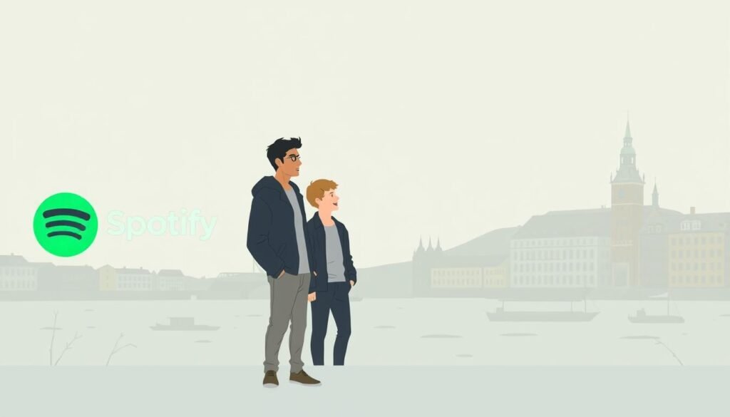 A serene, minimalist illustration depicting the early days of Spotify's origin story in Sweden. In the foreground, a simple, elegantly designed Spotify logo floats against a soft, muted gradient background, representing the company's sleek and modern aesthetic. In the middle ground, two young, casually dressed tech entrepreneurs, the founders of Spotify, are engaged in animated discussion, their expressions conveying the spark of innovation and the thrill of a new venture. The background features a subtle cityscape of Stockholm, with its historic architecture and signature waterways, evoking the Nordic setting where Spotify's origins took root. The overall mood is one of quiet contemplation, capturing the genesis of a revolutionary music streaming service that would go on to disrupt the industry.