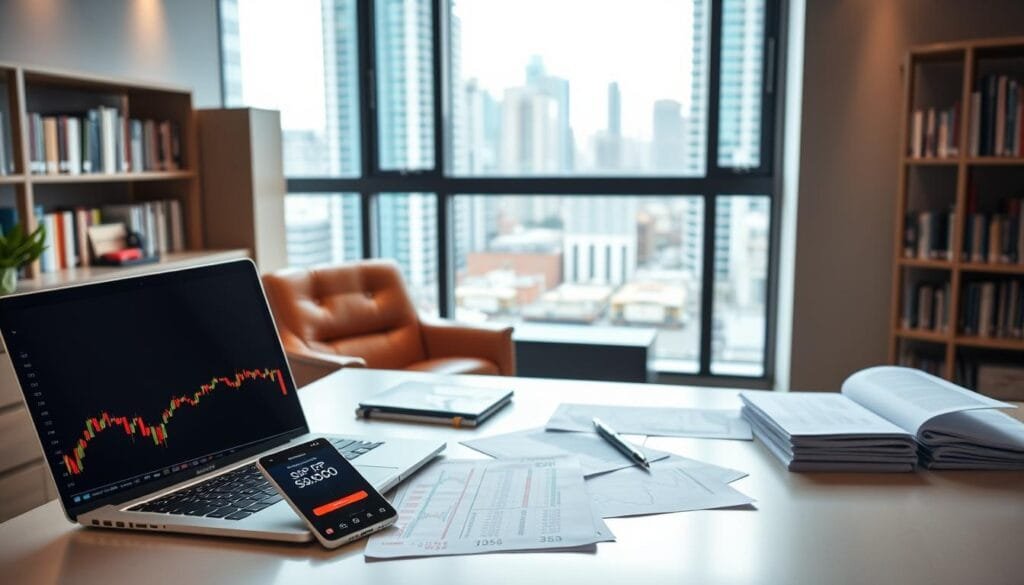 A serene, modern office interior with a large window overlooking a vibrant cityscape. In the foreground, a sleek desk with a laptop and various financial documents. On the desk, a smartphone displays a stock market graph, highlighting the S&P 500 index. The middle ground features a comfortable leather chair, and the background showcases a bookshelf filled with financial literature. Soft, diffused lighting creates a warm, professional atmosphere, inviting the viewer to imagine the process of investing in the S&P 500 from Mexico. The overall composition conveys a sense of expertise, opportunity, and financial stability. A serene, modern office interior with a large window overlooking a vibrant cityscape. In the foreground, a sleek desk with a laptop and various financial documents. On the desk, a smartphone displays a stock market graph, highlighting the S&P 500 index. The middle ground features a comfortable leather chair, and the background showcases a bookshelf filled with financial literature. Soft, diffused lighting creates a warm, professional atmosphere, inviting the viewer to imagine the process of investing in the S&P 500 from Mexico. The overall composition conveys a sense of expertise, opportunity, and financial stability.