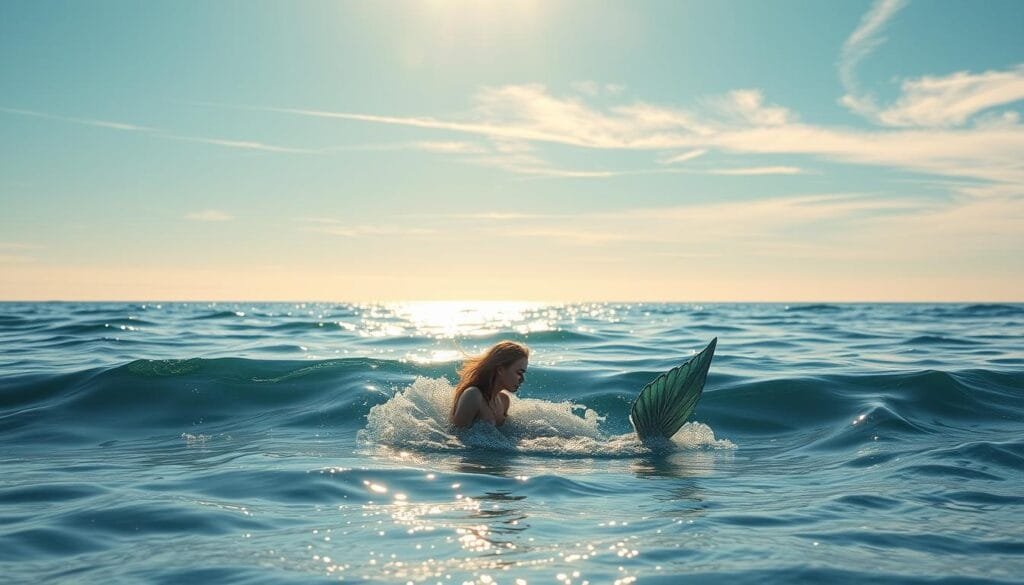 A serene oceanic vista, with a captivating mythical figure at the center. In the foreground, a graceful "sirena" - a mermaid-like creature - emerges from the gently lapping waves, her upper body human-like and her lower body a shimmering fish tail. Sunlight glistens off her wet skin and cascading hair, creating a mesmerizing, almost otherworldly presence. The middle ground features a picturesque seascape, with undulating waves and a distant horizon line. In the background, a tranquil sky fades from brilliant azure to wispy clouds, evoking a sense of timelessness. The entire scene is rendered with a soft, dreamlike quality, capturing the mythical essence of this legendary marine denizen. A serene oceanic vista, with a captivating mythical figure at the center. In the foreground, a graceful "sirena" - a mermaid-like creature - emerges from the gently lapping waves, her upper body human-like and her lower body a shimmering fish tail. Sunlight glistens off her wet skin and cascading hair, creating a mesmerizing, almost otherworldly presence. The middle ground features a picturesque seascape, with undulating waves and a distant horizon line. In the background, a tranquil sky fades from brilliant azure to wispy clouds, evoking a sense of timelessness. The entire scene is rendered with a soft, dreamlike quality, capturing the mythical essence of this legendary marine denizen.