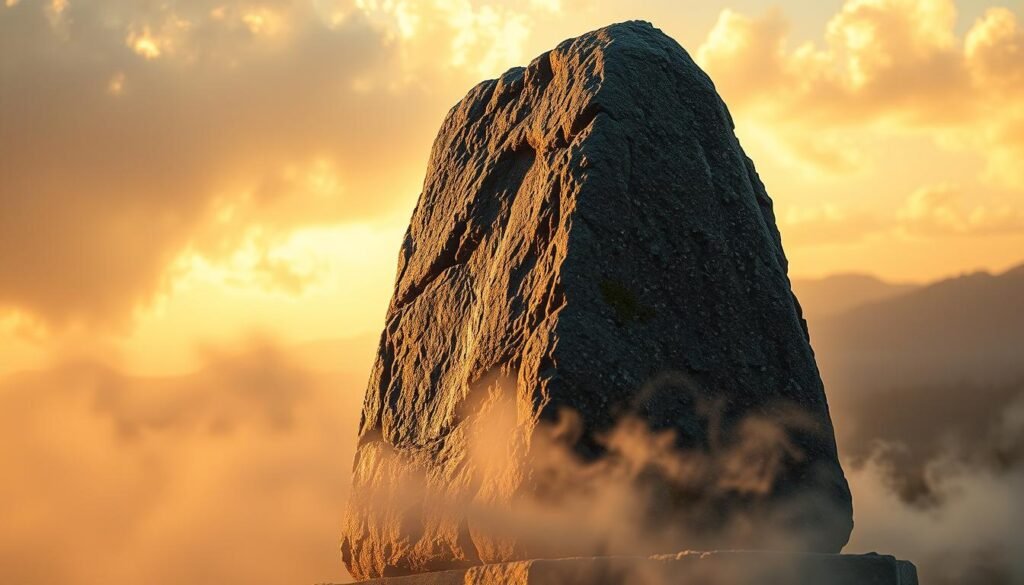 A serene stone monument stands tall, weathered by the passage of time. Its sturdy, angular form casts dramatic shadows, illuminated by warm, golden light filtering through a hazy, atmospheric sky. The jagged, textured surface of the stone evokes a sense of ancient, enduring strength, while delicate, mossy accents suggest the quiet harmony of nature and the sacred. In the foreground, a soft, ethereal mist swirls, lending an air of mystery and reverence to the scene. This striking, sculptural representation of "piedra" pays homage to the rich cultural heritage and timeless traditions that define the identity of the town of Malloa.