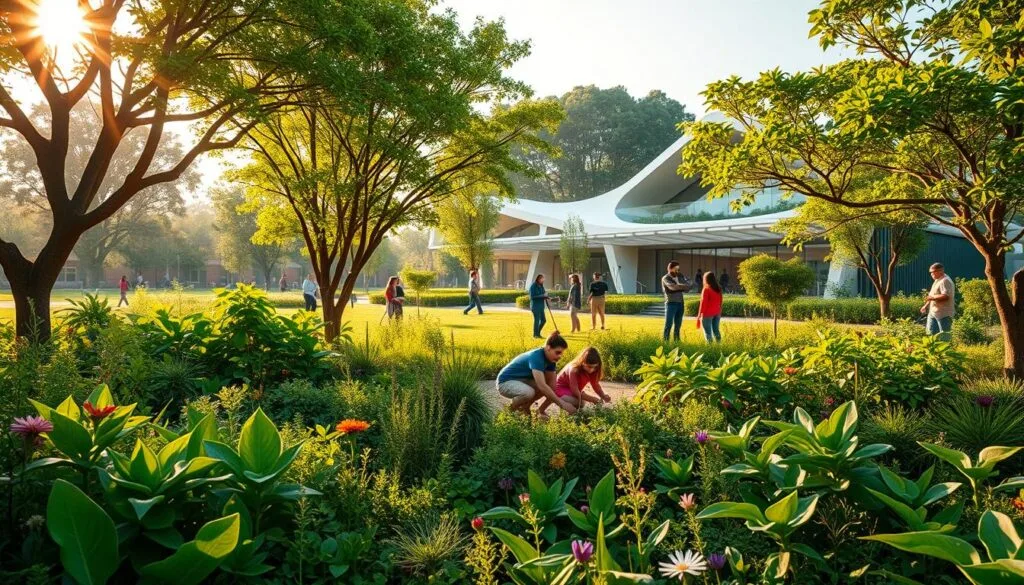 A serene, verdant landscape depicting the concept of "educación vegetal". In the foreground, a lush, diverse garden filled with thriving plants, flowers, and trees representing the rich biodiversity of the natural world. In the middle ground, a group of people, both adults and children, engaged in hands-on learning activities, carefully tending to the plants and gaining a deeper understanding of their needs and life cycles. The background features a modern, eco-friendly building with a striking architectural design, symbolizing the integration of sustainable education and the plant world. The scene is bathed in warm, golden sunlight, conveying a sense of harmony and interconnectedness between humans and the natural environment. The overall mood is one of tranquility, wonder, and a deep respect for the intelligence and resilience of the plant kingdom.