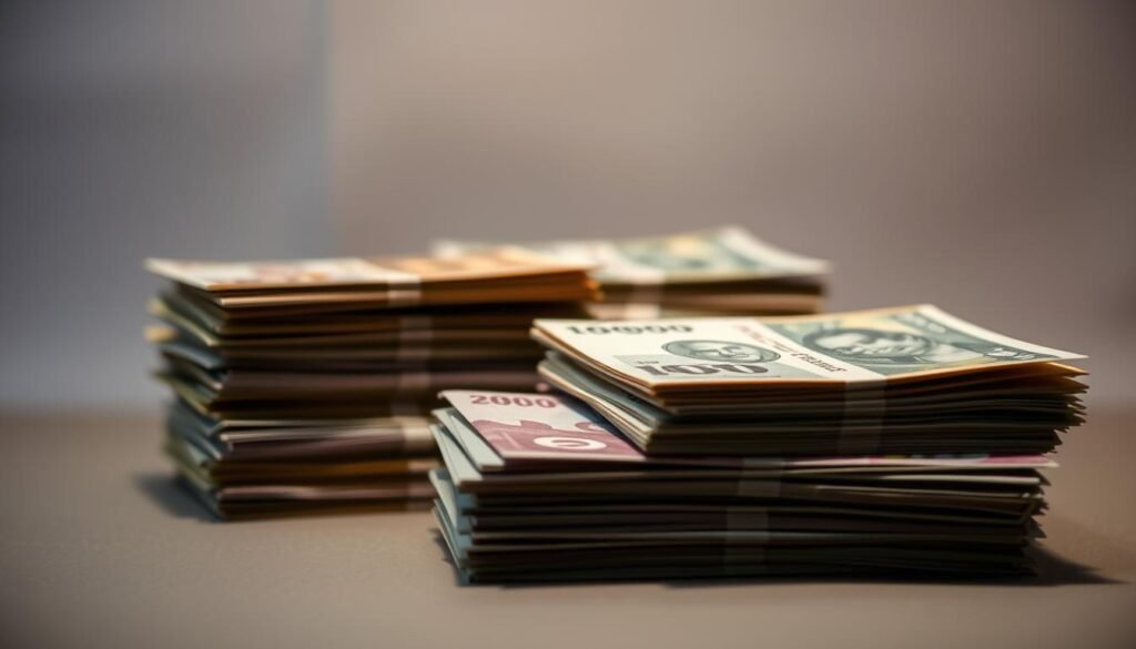 A series of neatly stacked banknotes in various denominations, capturing the essence of modern currency. The banknotes are illuminated by a soft, directional light, casting subtle shadows and highlighting the intricate details of the designs. The foreground is crisp and in focus, with the middle ground slightly blurred, creating a sense of depth and emphasizing the centrality of the banknotes. The background is a muted, neutral tone, allowing the vibrant colors of the currency to take center stage. The overall mood is one of quiet contemplation, inviting the viewer to consider the significance and evolution of this ubiquitous medium of exchange.