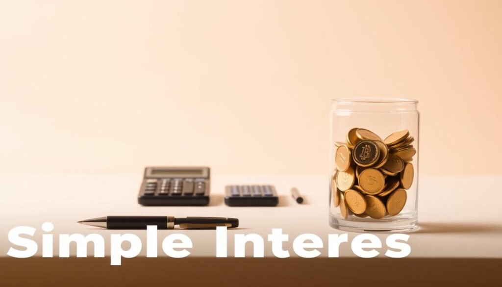 A simple geometric scene depicting the concept of simple interest. In the foreground, a clear glass container filled with golden coins, representing the principal amount. The middle ground features a calculator and a pen, symbolizing the financial calculations involved. The background is a minimal, clean space with a soft, warm lighting, creating a sense of focus and clarity. The overall composition conveys the straightforward nature of simple interest, inviting the viewer to understand the financial concept in a visually appealing and intuitive way. A simple geometric scene depicting the concept of simple interest. In the foreground, a clear glass container filled with golden coins, representing the principal amount. The middle ground features a calculator and a pen, symbolizing the financial calculations involved. The background is a minimal, clean space with a soft, warm lighting, creating a sense of focus and clarity. The overall composition conveys the straightforward nature of simple interest, inviting the viewer to understand the financial concept in a visually appealing and intuitive way.