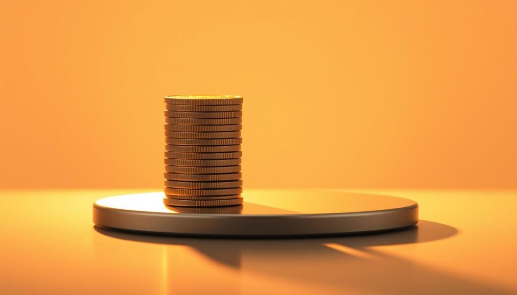 A simple yet captivating illustration of compound interest. A stack of coins sits on a sleek, metallic surface, basking in warm, directional lighting that casts long, dramatic shadows. The coins gradually increase in size from the bottom to the top, symbolizing the exponential growth of compound interest over time. The background is a soft, neutral gradient, allowing the coins to take center stage and emphasize the powerful "interest upon interest" concept. The composition is balanced, the lighting is dramatic, and the overall mood is one of financial potential and wealth creation. A simple yet captivating illustration of compound interest. A stack of coins sits on a sleek, metallic surface, basking in warm, directional lighting that casts long, dramatic shadows. The coins gradually increase in size from the bottom to the top, symbolizing the exponential growth of compound interest over time. The background is a soft, neutral gradient, allowing the coins to take center stage and emphasize the powerful "interest upon interest" concept. The composition is balanced, the lighting is dramatic, and the overall mood is one of financial potential and wealth creation.