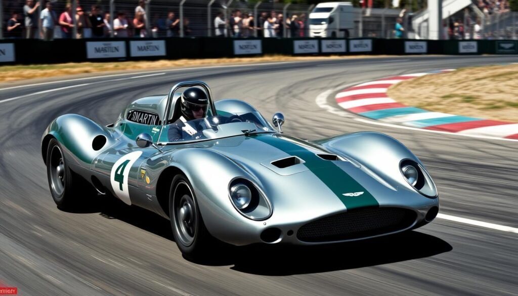 A sleek Aston Martin race car hurtles around a winding circuit, its powerful engine roaring as it navigates sharp turns and straightaways. The driver, a skilled pilot in a crisp racing uniform, grips the steering wheel with intense focus, their face obscured by a glossy helmet. The car's iconic silver and green livery gleams in the bright sunlight, casting dramatic shadows across the tarmac. In the background, spectators line the fences, their cheers and applause echoing through the air. The scene captures the thrill and excitement of Aston Martin's rich motorsport heritage, a testament to the brand's enduring legacy of performance and innovation. A sleek Aston Martin race car hurtles around a winding circuit, its powerful engine roaring as it navigates sharp turns and straightaways. The driver, a skilled pilot in a crisp racing uniform, grips the steering wheel with intense focus, their face obscured by a glossy helmet. The car's iconic silver and green livery gleams in the bright sunlight, casting dramatic shadows across the tarmac. In the background, spectators line the fences, their cheers and applause echoing through the air. The scene captures the thrill and excitement of Aston Martin's rich motorsport heritage, a testament to the brand's enduring legacy of performance and innovation.