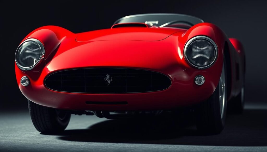 A sleek, iconic 1950s Ferrari 125 S sports car, expertly rendered with precision and attention to detail. Gleaming in a deep, vibrant red hue, the streamlined bodywork curves elegantly, capturing the essence of Italian automotive design. The front grille features the instantly recognizable prancing horse logo, a symbol of the brand's rich heritage. The engine bay is visible, showcasing the car's powerful, high-revving heart. Dramatic, moody lighting casts dramatic shadows, highlighting the 125 S's muscular, low-slung stance. The image is shot from a low, dynamic angle, emphasizing the car's powerful presence and evoking a sense of speed and excitement. The background is softly blurred, placing the focus squarely on the iconic Ferrari.
