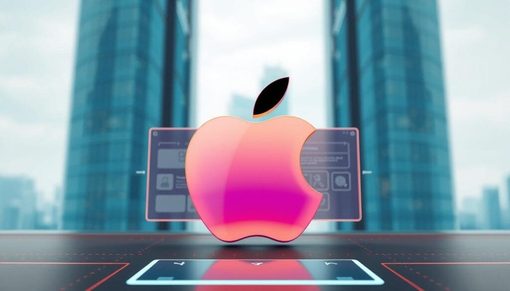 A sleek, modern security bounty program interface for Apple's artificial intelligence, with a clean, minimalist design. The foreground features a digital representation of the Apple logo, rendered in a vibrant, metallic hue. The middle ground showcases a series of interactive panels and buttons, conveying a sense of precision and technological prowess. The background depicts a subtle, blurred landscape of towering glass skyscrapers, evoking the cutting-edge nature of Apple's operations. The overall scene is illuminated by a soft, directional lighting that casts subtle shadows and highlights the contours of the digital elements. The resulting image should convey a sense of high-tech sophistication and Apple's dedication to security and innovation.