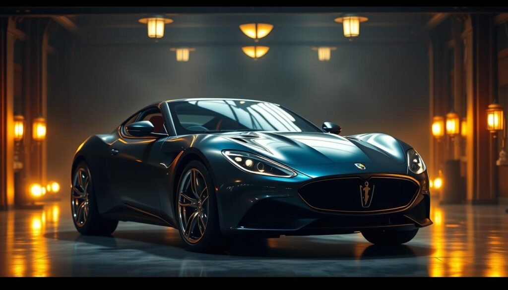 A sleek, silent sports car glides through a dimly lit, opulent garage. Soft, warm lighting from vintage-style lamps casts a golden glow, highlighting the car's streamlined, aerodynamic body. The paintwork gleams in shades of charcoal and midnight blue, a testament to its luxurious refinement. The front grille is adorned with a prominent emblem, signaling its prestigious pedigree. Low-profile tires hug the glossy, chrome-rimmed wheels, conveying a sense of power and control. The interior is swathed in rich, supple leather, exuding an air of exclusivity and sophistication. This is a car built for the discerning enthusiast, a silent but commanding presence in the world of high-end automotive design. A sleek, silent sports car glides through a dimly lit, opulent garage. Soft, warm lighting from vintage-style lamps casts a golden glow, highlighting the car's streamlined, aerodynamic body. The paintwork gleams in shades of charcoal and midnight blue, a testament to its luxurious refinement. The front grille is adorned with a prominent emblem, signaling its prestigious pedigree. Low-profile tires hug the glossy, chrome-rimmed wheels, conveying a sense of power and control. The interior is swathed in rich, supple leather, exuding an air of exclusivity and sophistication. This is a car built for the discerning enthusiast, a silent but commanding presence in the world of high-end automotive design.