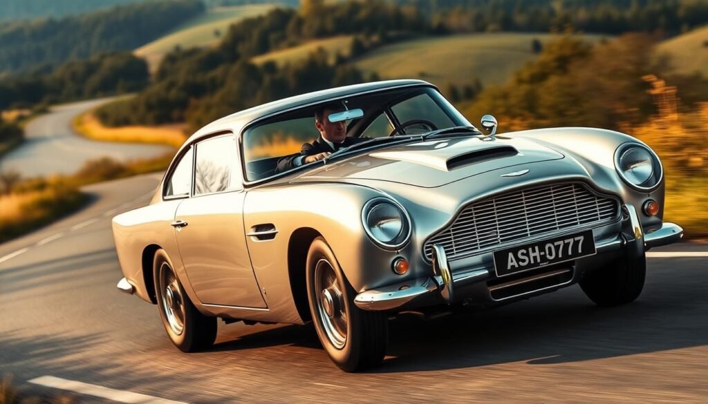 A sleek, silver Aston Martin DB5 glides effortlessly down a winding country road, its elegant lines and chrome accents catching the warm, golden sunlight. In the driver's seat, a suave, tuxedo-clad James Bond navigates the curves with precision, his steely gaze fixed on the road ahead. The car's powerful engine rumbles with purpose, hinting at the thrilling adventures that lie in wait. In the background, rolling hills and lush forests create a picturesque, quintessentially British landscape, setting the stage for this iconic partnership between the world's most famous secret agent and the timeless automotive brand that has become synonymous with his legacy. A sleek, silver Aston Martin DB5 glides effortlessly down a winding country road, its elegant lines and chrome accents catching the warm, golden sunlight. In the driver's seat, a suave, tuxedo-clad James Bond navigates the curves with precision, his steely gaze fixed on the road ahead. The car's powerful engine rumbles with purpose, hinting at the thrilling adventures that lie in wait. In the background, rolling hills and lush forests create a picturesque, quintessentially British landscape, setting the stage for this iconic partnership between the world's most famous secret agent and the timeless automotive brand that has become synonymous with his legacy.