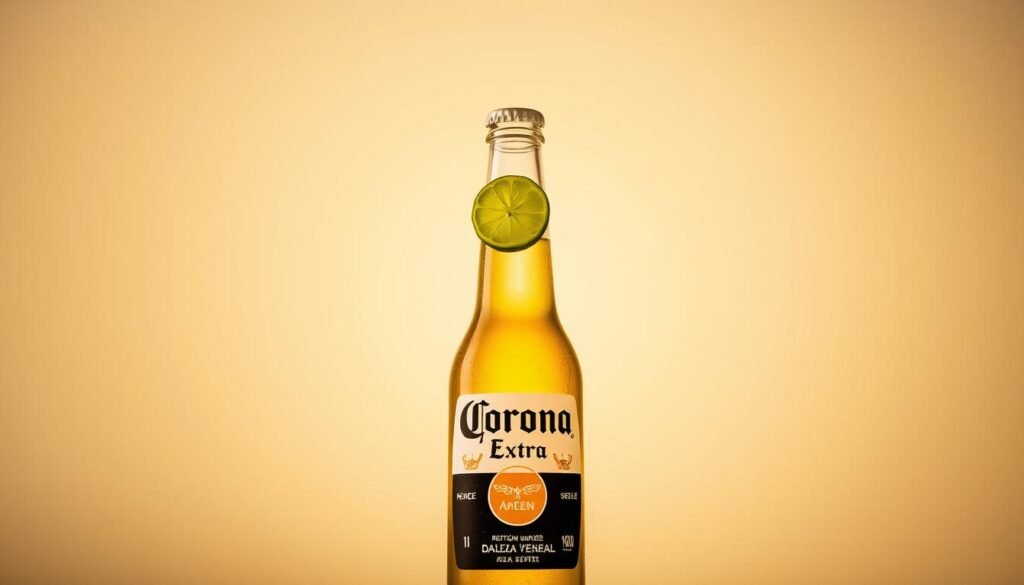 A sleek, transparent Corona Extra bottle stands tall, its iconic label gleaming in the soft, warm lighting. A freshly sliced lime wedge rests gracefully on the bottle's neck, its vibrant green hues contrasting beautifully with the golden liquid within. The scene is set against a minimalist, off-white background, emphasizing the simplicity and elegance of the design. The angle is slightly elevated, capturing the bottle's intricate details and the careful ritual of adding the lime slice, highlighting the timeless appeal and global recognition of this beloved beverage.