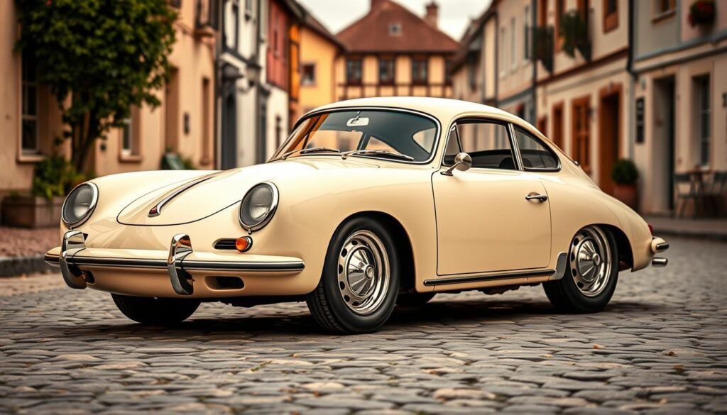 A sleek, vintage Porsche 356 coupe, meticulously recreated in the early postwar years. The elegant, streamlined body glistens in the warm, golden light, hinting at the nimble performance that lies beneath the surface. The car is positioned in a picturesque, cobblestone street in Gmünd, Austria, where the Porsche company began its storied journey. In the background, the charming, historic architecture of the town sets the scene, evoking a sense of timeless European automotive heritage. The low, wide stance and distinctive curves of the 356 exemplify the design philosophy that would go on to define the iconic Porsche 911. This image captures the essence of the 356's role as the precursor to the legendary sports car that would follow. A sleek, vintage Porsche 356 coupe, meticulously recreated in the early postwar years. The elegant, streamlined body glistens in the warm, golden light, hinting at the nimble performance that lies beneath the surface. The car is positioned in a picturesque, cobblestone street in Gmünd, Austria, where the Porsche company began its storied journey. In the background, the charming, historic architecture of the town sets the scene, evoking a sense of timeless European automotive heritage. The low, wide stance and distinctive curves of the 356 exemplify the design philosophy that would go on to define the iconic Porsche 911. This image captures the essence of the 356's role as the precursor to the legendary sports car that would follow.