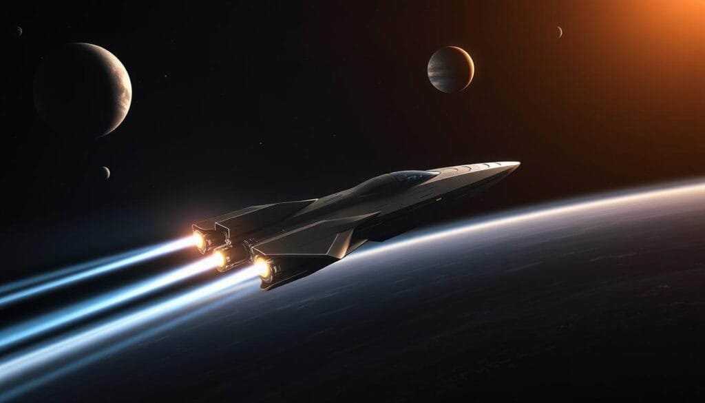 A spacecraft navigates through the vast expanse of the solar system, its sleek, futuristic design cutting through the inky blackness of space. Distant planets and moons loom large in the background, their surfaces bathed in a soft, ethereal glow. Beams of light from the ship's thrusters leave a trail of luminous energy, guiding its path towards an unknown destination. The atmosphere is one of mystery and wonder, as the spacecraft embarks on a journey that could carry the seeds of life to a new world, unbound by the constraints of its planetary origin. A spacecraft navigates through the vast expanse of the solar system, its sleek, futuristic design cutting through the inky blackness of space. Distant planets and moons loom large in the background, their surfaces bathed in a soft, ethereal glow. Beams of light from the ship's thrusters leave a trail of luminous energy, guiding its path towards an unknown destination. The atmosphere is one of mystery and wonder, as the spacecraft embarks on a journey that could carry the seeds of life to a new world, unbound by the constraints of its planetary origin.