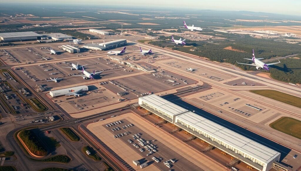 A sprawling aerial view of the FedEx Memphis hub, the company's central sorting and distribution facility. The massive complex is nestled amidst the Tennessee landscape, its vast warehouses and runways bustling with activity. Sleek FedEx cargo jets take off and land in elegant swoops, their liveries gleaming in the warm afternoon light. The scene conveys a sense of efficient, large-scale logistics - the beating heart that powers Federal Express' global delivery network. In the foreground, a fleet of ground vehicles zip between the hangars, loading and unloading packages with precision. The overall atmosphere is one of industrial might and logistical prowess, a testament to the vision that transformed a Las Vegas gamble into an aviation empire.